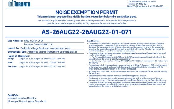 Parkdale Music Crawl Street Festival Cowan Noise Permit